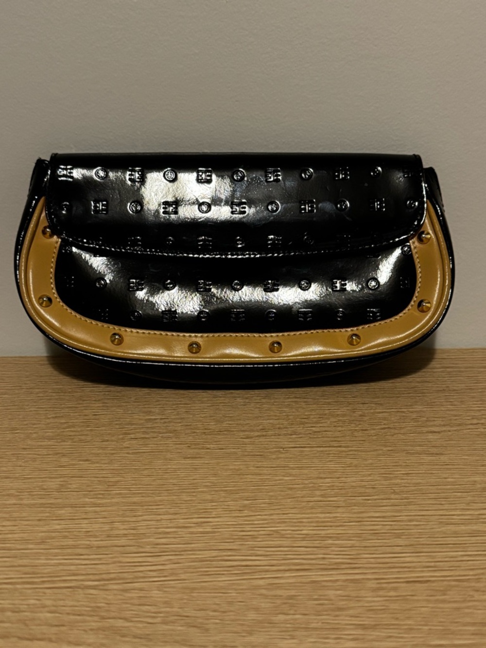 Arcadia Black Patent Leather Clutch with Tan Trim